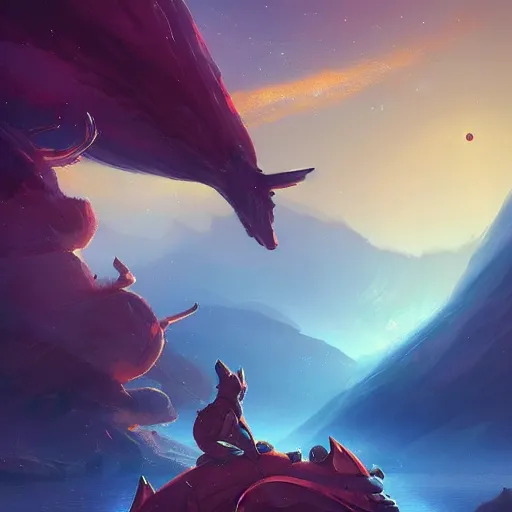 Prompt: Astronauts are riding some mythical animals, they are resting to the side of a reflecting lake, the surface of a planet has a wacky wildlife, some planets and nebulas are as background, by Jordan Grimmer digital art, trending on Artstation,