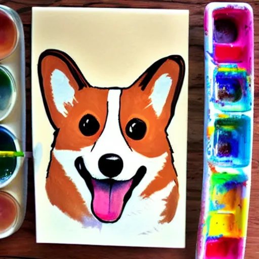 Image similar to corgi playing painting, cute, happy, smiling