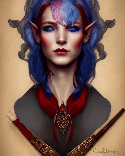 Prompt: A detailed matte oil on canvas head on symmetrical portrait of a distinguished elven woman with split red and blue hair (((((makeup))))) by Charlie bowater and lise deharme wlop, trending on artstationhd, dungeons and dragons art critical role