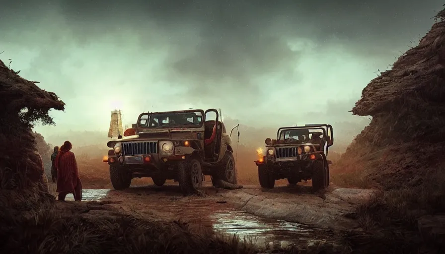 Image similar to Mahindra thar, tribe members watching nearby, an epic fantasy, dramatic lighting, cinematic, establishing shot, extremely high detail, photorealistic, cinematic lighting, artstation, by simon stalenhag, christopher nolan, horizon forbidden west