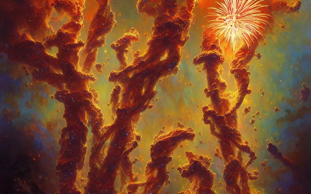 Image similar to psychedelic transcendent puffs of smoke explosion, fireworks, pillars of creation, enlightenment, high contrast lighting, highly detailed, concept art, art by collier, albert aublet, krenz cushart, artem demura, alphonse mucha