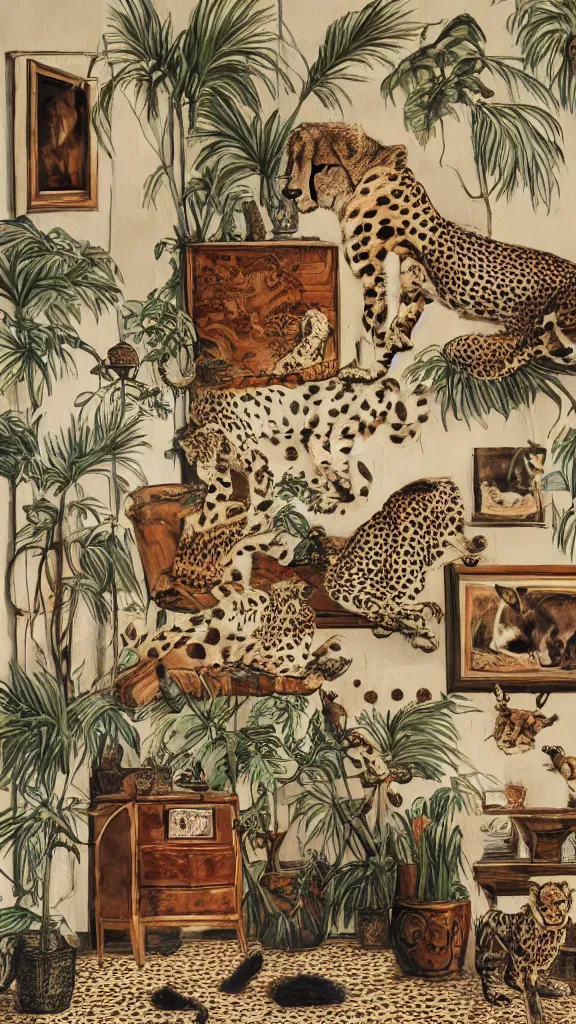 Prompt: cheetah set in floor on carpet in vintage room, frames of animals hanging out of wall, pot of palms in corner, draw by jaw cooper