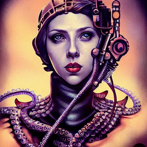 Image similar to lofi underwater bioshock steampunk portrait of scarlett johansson, octopus, digital art, Pixar style, by Tristan Eaton Stanley Artgerm and Tom Bagshaw.