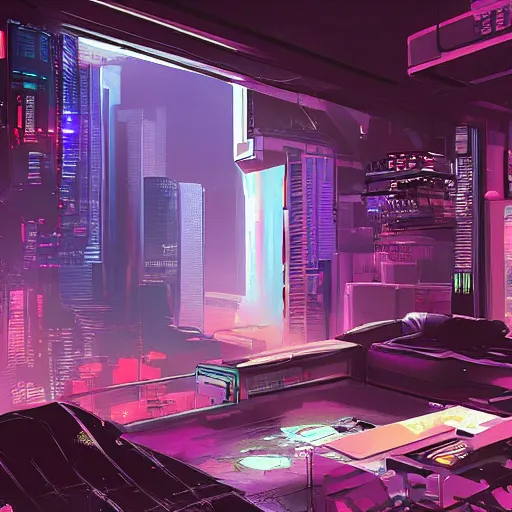 Prompt: a simulated hologram of a cubic entity illuminating a messy futuristic cyberpunk apartment with windows overlooking a dystopian metropolis, cyberpunk concept art