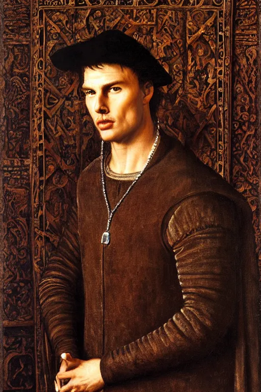 Prompt: renaissance 1 6 0 0 portrait of tom cruise, oil painting by jan van eyck, northern renaissance art, oil on canvas, wet - on - wet technique, realistic, expressive emotions, intricate textures, illusionistic detail