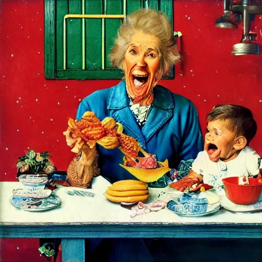 Image similar to hyper realistic hight detailed grandmother with a big mouth eating babies on the table in the russian kitchen, style by norman rockwell, bright colors, 4 k, 1 6 k, 3 2 k