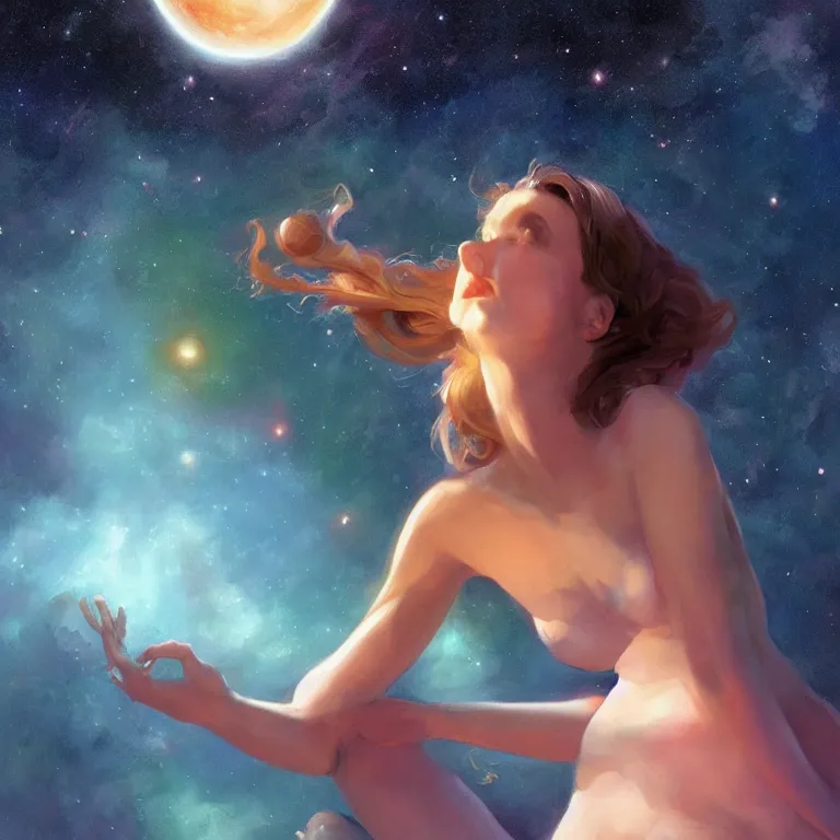 Prompt: Pandora dreaming against the backdrop of the universe, full body, digital painting, artstation, concept art, sharp focus, cinematic lighting, illustration, art by artgerm and Norman Rockwell, cgsociety