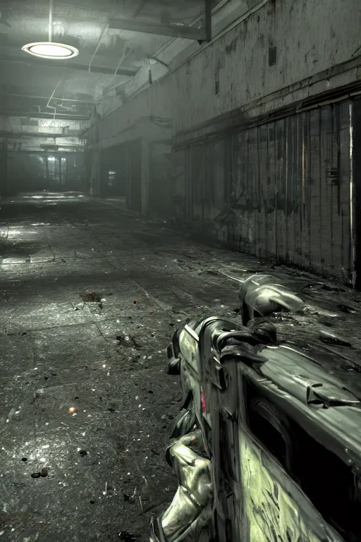 Prompt: screenshot from horror fps, biomechanical first person weapon, dilapidated factory level, unreal engine, had 8 k