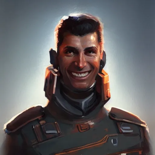 Image similar to portrait of aman by greg rutkowski, he is about 3 0 years old, copper quiff hair, uncanny smile, very tall and slender, he is wearing a futuristic police gear, highly detailed portrait, digital painting, artstation, concept art, smooth, sharp foccus ilustration, artstation hq