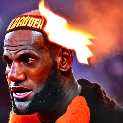Prompt: Lebron James smirking with devil horns, fire in the background,