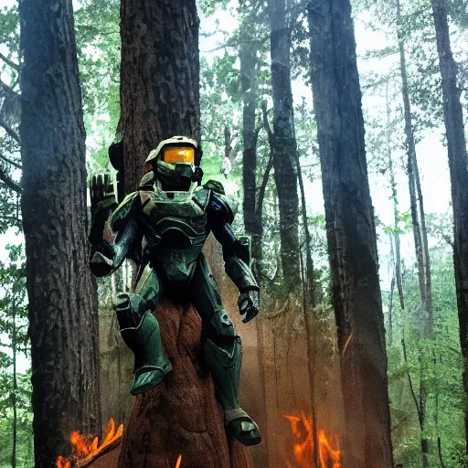 Image similar to master chief riding a tree in the middle of a forest while thr forest is burning down