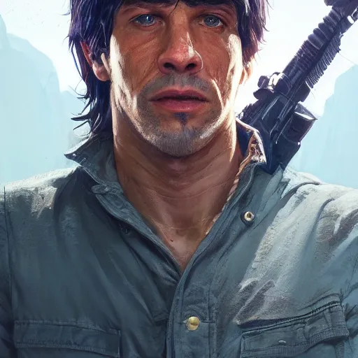 Image similar to highly detailed portrait sylvester stalone is rambo in gta v, stephen bliss, unreal engine, fantasy art by greg rutkowski, loish, rhads, ferdinand knab, makoto shinkai and lois van baarle, ilya kuvshinov, rossdraws, tom bagshaw, global illumination, radiant light, detailed and intricate environment