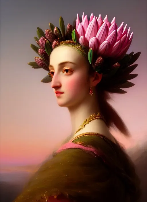 Image similar to stunning italian godess princess, detailed pink and white protea head peace against a black backdrop by ivan aivazovsky, wlop, super sharp details, photorealism, 5 0 mm lens, oil painting, beautiful soft lighting, muted colours, artstation