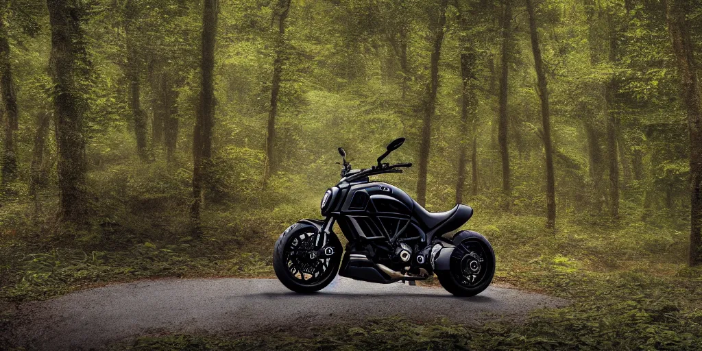 Image similar to portrait of a single ducati diavel in a vast forest landscape in the style of thomas cole, cinematic lighting, raytracing, 8 k, octane render, volumetric, vivid, beautiful, hyperrealism