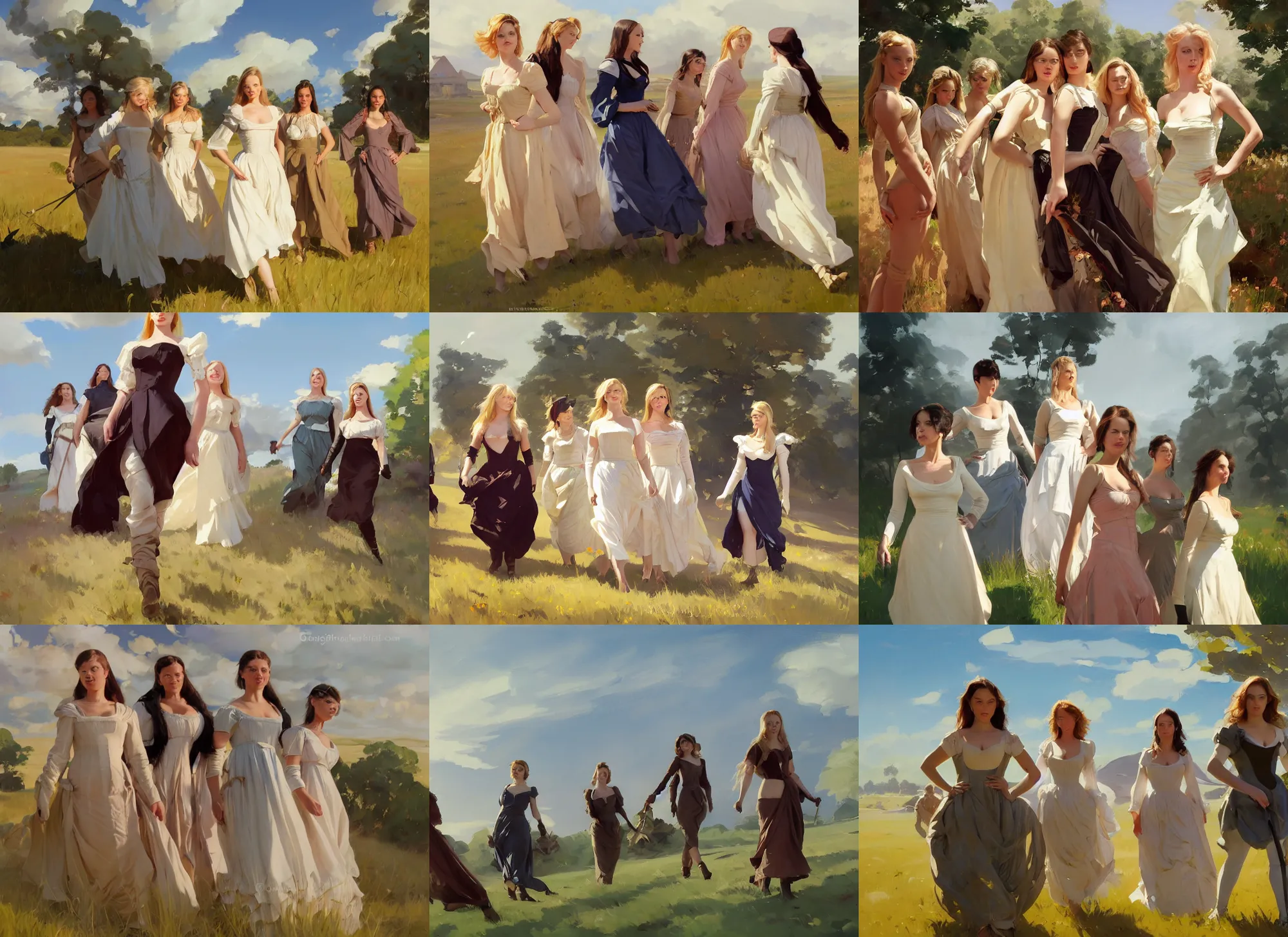 Prompt: five of beautiful finnish norwegian swedish scandinavian attractive glamour models wearing 1 7 th century bodice with low neckline walking in the field in a sunny day, jodhpurs greg manchess painting by sargent and leyendecker, studio ghibli fantasy medium shot asymmetrical intricate elegant matte painting illustration hearthstone, by greg rutkowski by greg tocchini by james gilleard