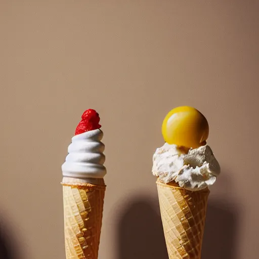 Prompt: photograph of two ice cream cones fighting to the death