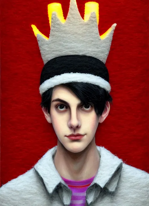 Image similar to portrait of teenage jughead jones wearing a light grey crown, photorealistic, crown made of felt fabric, crown, crown made of felt, black hair, intricate, elegant, highly detailed, digital painting, glowing lights, artstation, concept art, smooth, sharp focus, illustration, art by wlop, mars ravelo and greg rutkowski