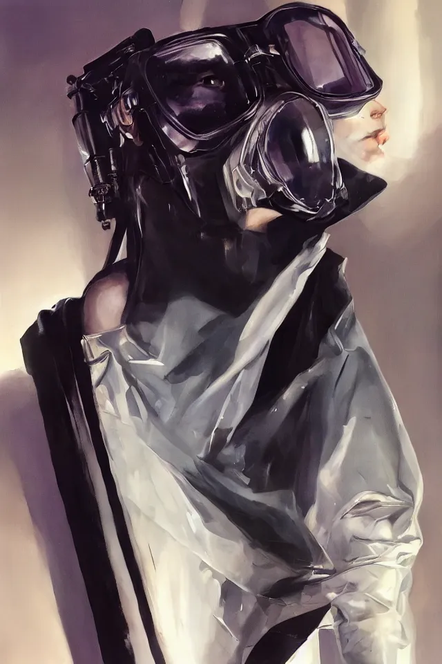 Prompt: digital fashion, androgynous person, tactical poncho latex rags, wearing goggles, techwear, iridiscent light, high key, cinematic lighting at night, neon, phil hale, boris vallejo, alberto mielgo, patrick o'keeffe