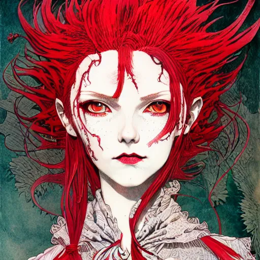 Image similar to prompt : portrait of a red haired vampire maid, painted in ian mcque style drawn by vania zouravliov and takato yamamoto, intricate acrylic gouache painting, high detail, sharp high detail