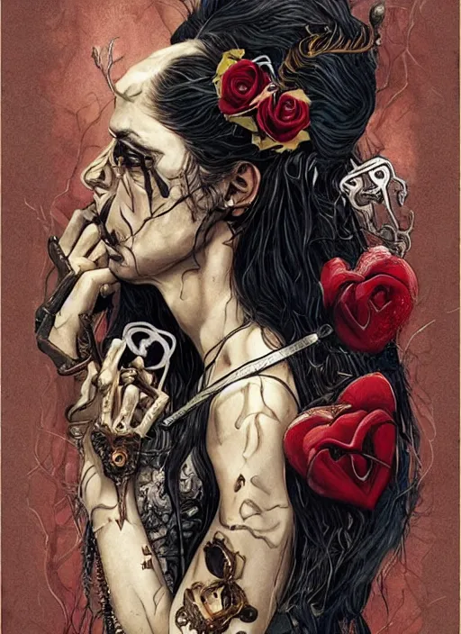 Prompt: tarot card :: horror :: vampires and draculas :: long hair :: hearts and roses :: gold and silver :: guns and swords :: side profile :: highly details :: intricate details :: Sandra Chevrier and bastien lecouffe deharme