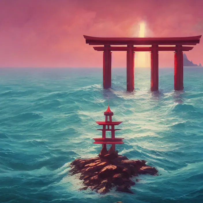 Image similar to a beautiful painting of a torii at sea by simon stalenhag and zdzisław beksinsk and greg rutkowski, in style of digital art. hyper detailed, sharp focus, soft light. octane render. ray tracing. trending on artstation