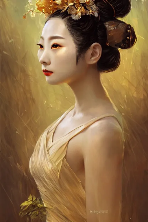 Image similar to stunningly beautiful, drunken geisha prima ballerina in jungle, symmetrical face, golden hour, smooth, focus, highly detailed, hyper realistic, dramatic lighting, elegant, intricate, concept art, art by wlop, mars ravelo, greg rutowski, artstation