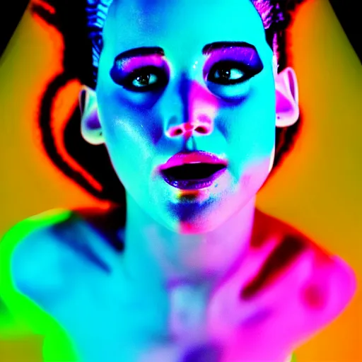 Image similar to excited jennifer lawrence as the bride of frankenstein, macro photography, glowing retinas, vaporwave, fuscia cyan yellow white powder on face, national geographic