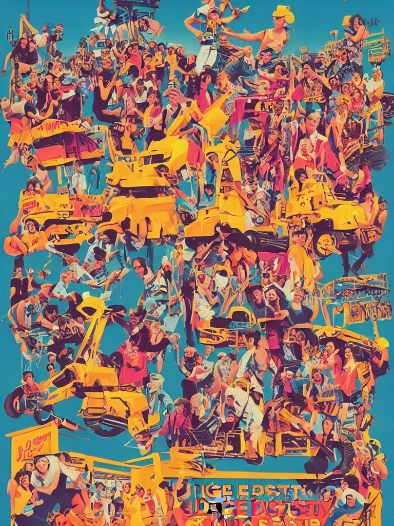 Image similar to poster for the diggerfest festival, digger land amusement park, concert, couple dancing, really good vibes, creative, 1 9 8 0 s, aesthetic