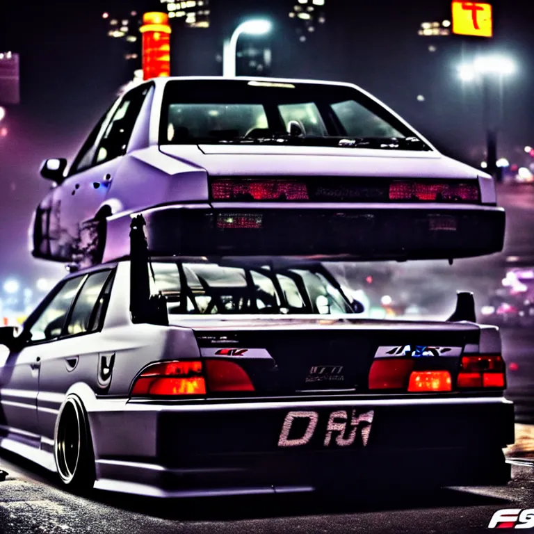 Image similar to a car JZX100 twin turbo drift at illegal car meet, Shibuya prefecture, city midnight mist lights, cinematic lighting, photorealistic, highly detailed wheels, high detail