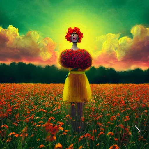 Image similar to woman with a flower head standing in flower field, surreal photography, photo manipulation, sunrise, impressionist painting, colorful clouds, artstation, simon stalenhag