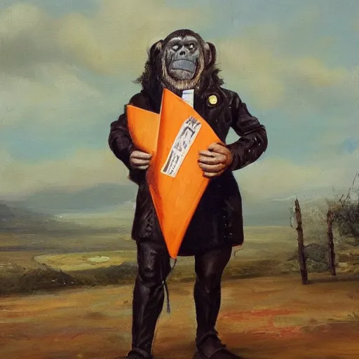 Image similar to An exquisite oil painting of a chimpanzee dressed like the DUke of Wellington with a traffic cone on his head