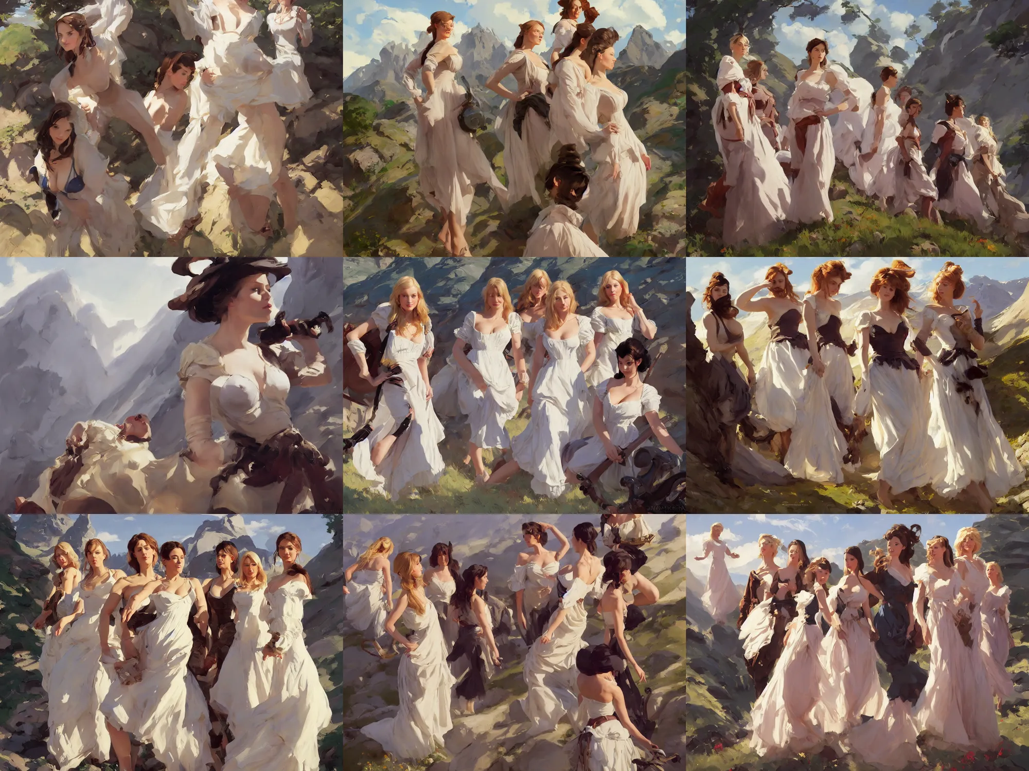 Image similar to five of beautiful finnish norwegian swedish scandinavian attractive glamour models wearing 1 7 th century bodice with low neckline walking in the mountains in a sunny day, jodhpurs greg manchess painting by sargent and leyendecker, studio ghibli fantasy close - up shot asymmetrical intricate elegant matte painting illustration hearthstone, by greg rutkowski by greg tocchini by james gilleard