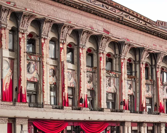 Image similar to photo of an outdoor mural of an opera house from the early 1 9 0 0 s in the style of art nouveau, red curtains, art nouveau design elements, art nouveau ornament, opera house architectural elements, painted on a brick wall, outdoor mural, mucha, masonic symbols, masonic lodge