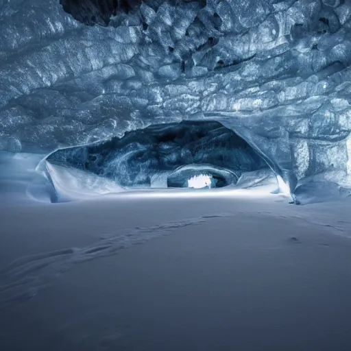 Image similar to icelandic ice caves, night, dark, surreal, creepy,