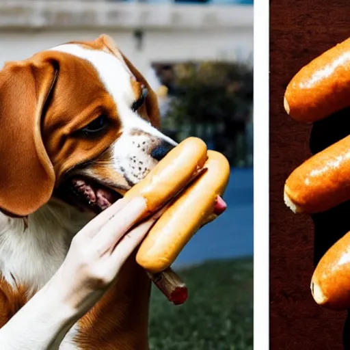 Image similar to a dog eating a hot dog, surreal