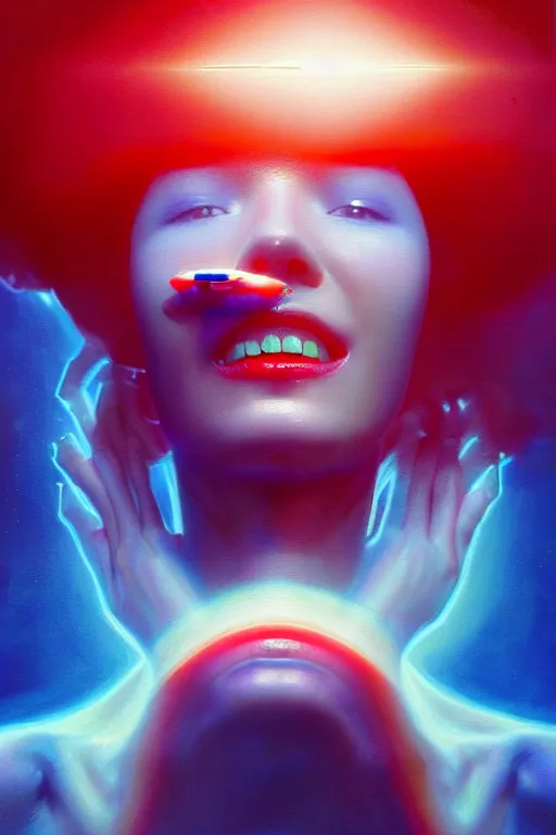 Image similar to 3 d, sci - fi, morning, smiling fashion model face, sun, lightning clouds, vogue cover style, light red and deep blue mood, cinematic, realistic painting, intricate oil painting, high detail, figurative art, multiple exposure, poster art, 3 d, by stanley kubrick and tooth wu and wlop and beeple and greg rutkowski