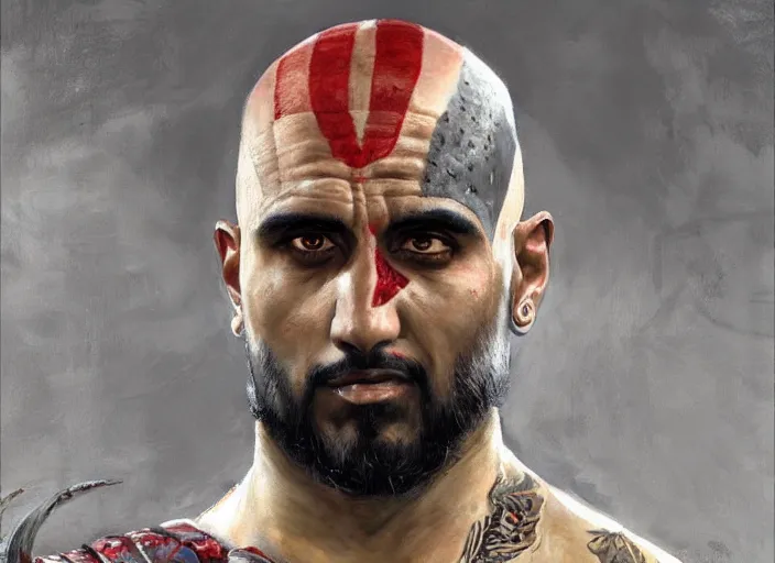 Image similar to a highly detailed beautiful portrait of arturo vidal as kratos, by gregory manchess, james gurney, james jean