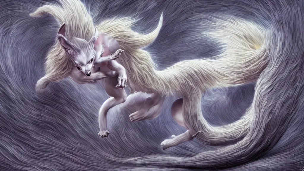 Prompt: a ninetails created by uzumaki junji ito and photographed by andrew thomas artgerm, digital art, redshift render, hyperrealistic, ray - tracing