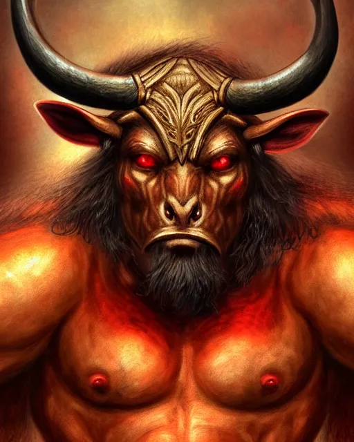 Prompt: minotaur from path of exile, portrait, digital painting, highly detailed, intricate, trending on artstation, art by John Buscema