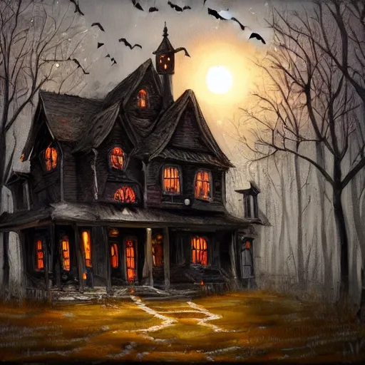 Image similar to A painting of a haunted house with Halloween decorations, Trending on artstation.