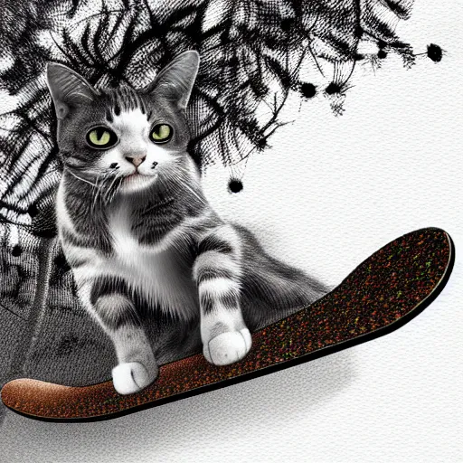 Image similar to a cat riding a skateboard in a forest, digital art