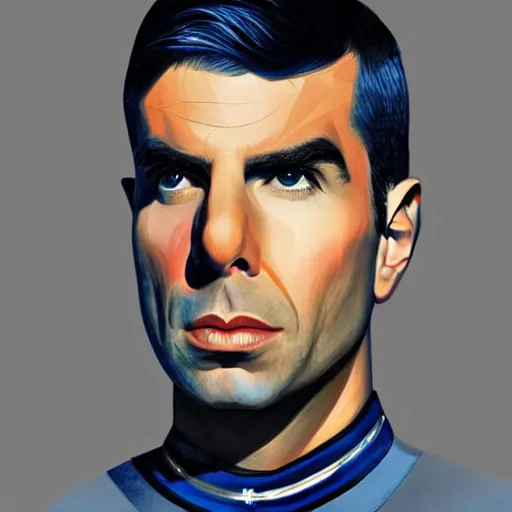 Image similar to : aesthetic portrait commission of very attractive ZACHARY QUINTO SPOCK + FUTURISTIC + wearing BLUE star trek suit + HYPERDETAILED + 2022 award winning painting + KRITA PAINTER + UPSCALED
