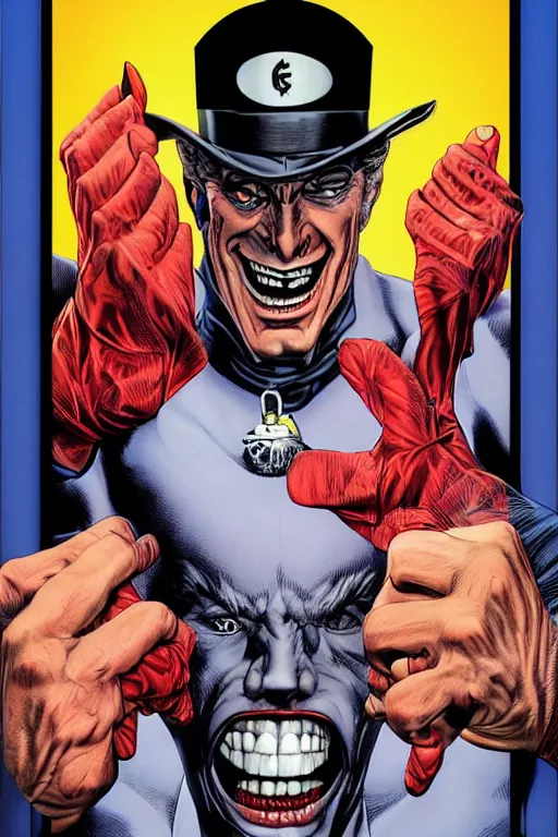 Prompt: three - quarter digital portrait of an evil smiling man by brian bolland, rachel birkett, alex ross, and neal adams | centered, deviantart, artgerm