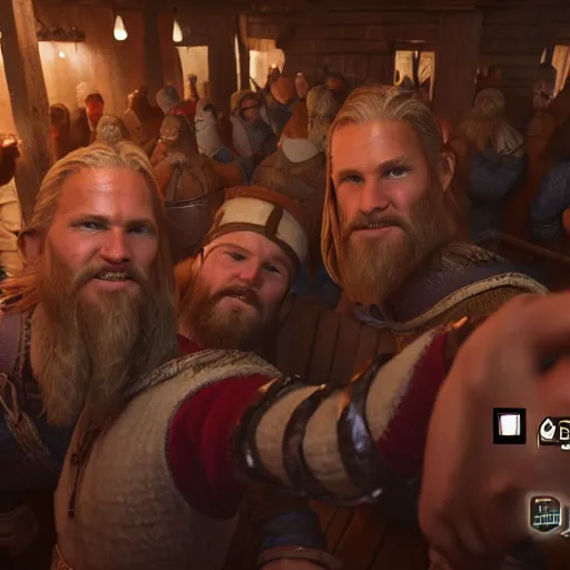 Prompt: Two viking brothers taking a selfie in a crowded tavern, dof, Unreal Engine 5, intricately detailed, 8k