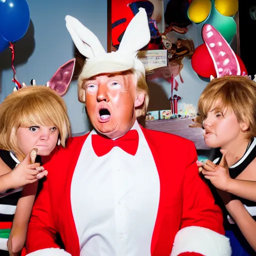 Prompt: professional photography Donald Trump cosplay as Bugs Bunny spying on children at a birthday party, high quality, good lighting,
