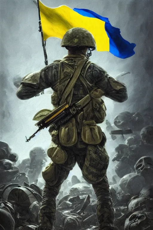 Image similar to a distant shot of a Ukrainian Modern Warfare soldier with blue and yellow flag standing alone on a pile of skulls as a winner, masculine figure, D&D, fantasy, intricate, elegant, highly detailed, hyperrealistic, extremely detailed, digital painting, artstation, concept art, matte, sharp focus, symmetrical, illustration, art by Artgerm and Greg Rutkowski and Alphonse Mucha