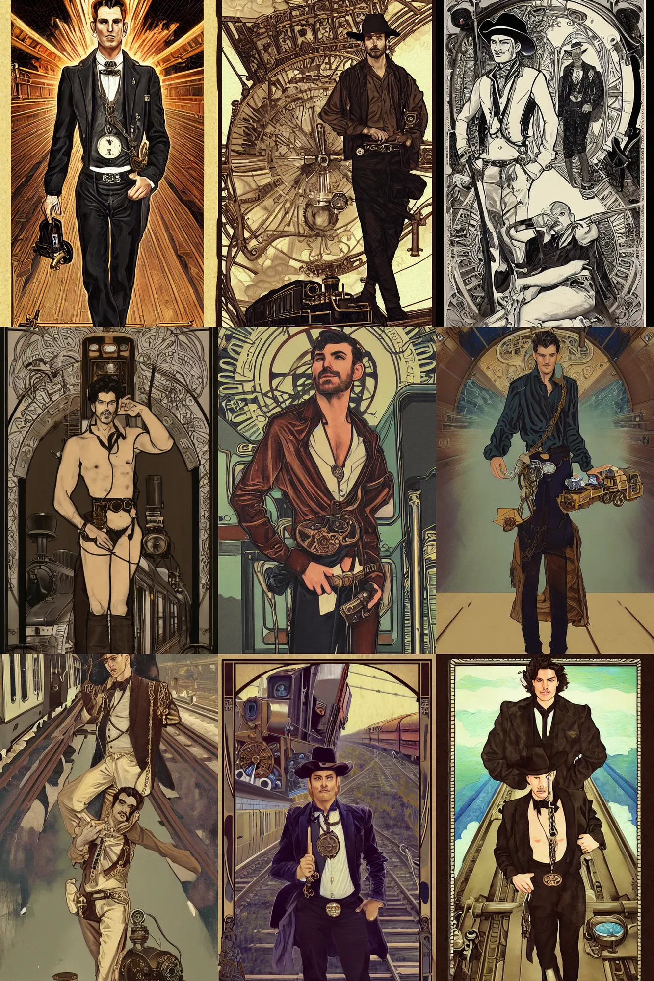 Prompt: a dramatic ethereal epic symmetrical painting of a handsome villainous cowboy standing in front of railroad tracks with a train locomotive | his shirt is unbuttoned and he has a pocketwatch | tarot card, art deco, art nouveau, (steampunk), homoerotic | by Mark Maggiori ((((and Alphonse Mucha))) | trending on artstation