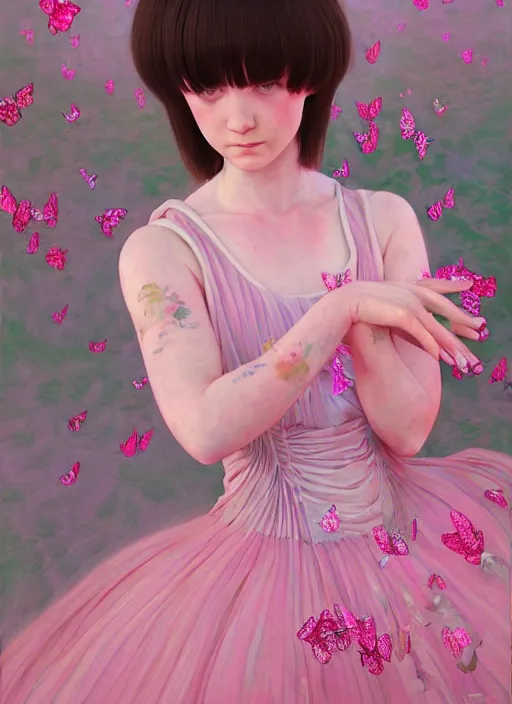 Prompt: beautiful little girl with an pink eccentric haircut wearing an dress made of butterfly, dancing, artwork made by ilya kuvshinov, inspired in donato giancola and balthus, hd, ultra realistic, reflection, flowers, light, realistic face, bird tattoo, trending on pixiv, 8 k, ray tracing, glorious