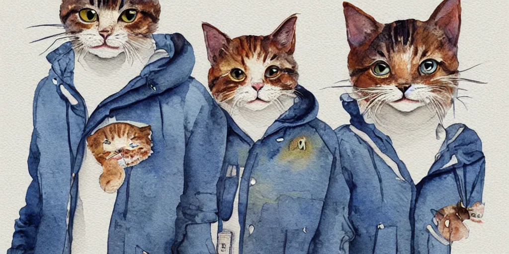 Prompt: watercolor illustration style, cute! cats!!! in jackets grow up like specialist and became professionals, business, inspiring art