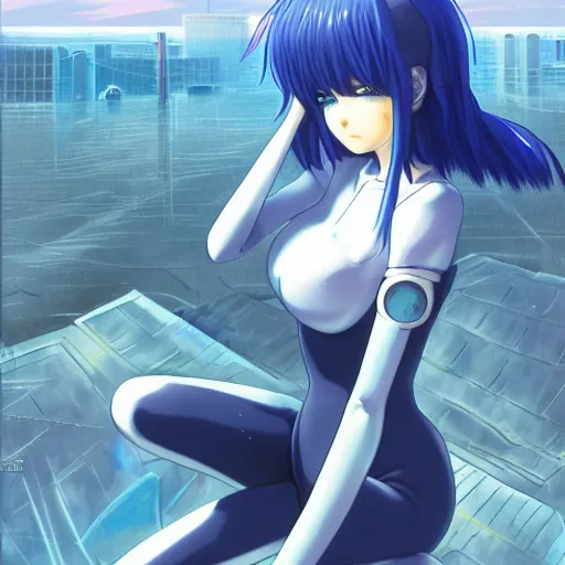 Image similar to anime art, anime fullbody shot of female rei ayanami, long blue hair and large eyes, finely detailed perfect face, in a modern skintight plugsuit, laying on a rooftop, flooded metropolis in ruins, red sea, trending on pixiv fanbox, evangelion, extremely high quality artwork by ilya kuvshinov